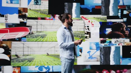 Young user enjoying online web connection on applications, highlighting real time engagement, online presence and digitalization as essential elements of communication. Camera B.