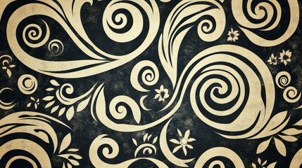 Elegant dark background with swirling floral patterns and textured effect.