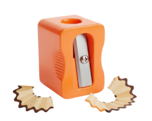 Orange Pencil Sharpener with Wooden Pencil Shavings on White Background