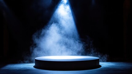 Theatrical round stage emerging from smoky haze under a single intense spotlight