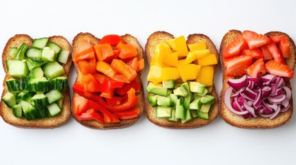 Toast slices topped with mashed avocado and a rainbow of fresh, healthy toppings