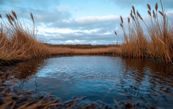 Serene marsh pond reflecting a cloudy sky. - Powered by Adobe