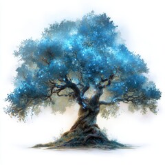 Enchanted Tree with Glowing Blue Leaves Illuminated by Mystical Light in Dreamy Atmosphere