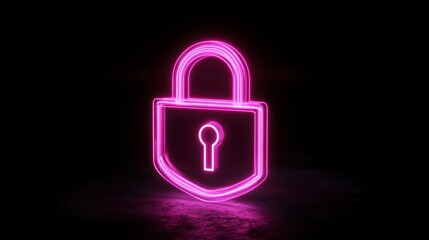 Glowing pink neon padlock icon on dark background.