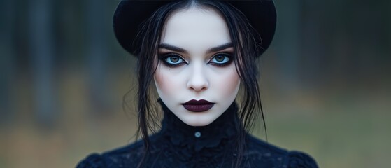 Ethereal gothic woman with dark makeup and hat.