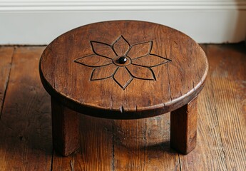 Rustic wooden stool with carved flower design and dark gem.