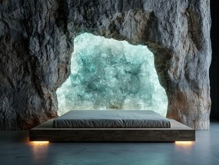 Luxurious bed inside a serene crystal cave setting.
