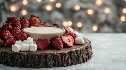 Delicious strawberry fondue with marshmallows and a heart-shaped candy.