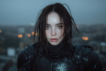 Intense portrait of a woman in dark armor.