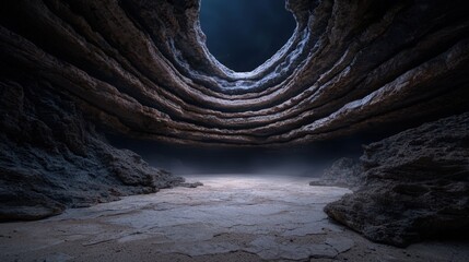Dramatic cave interior with layered rock formations and skylight.