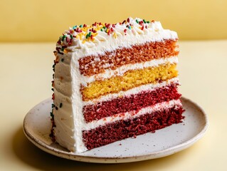 Colorful rainbow layer cake slice with sprinkles on plate.