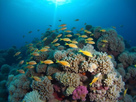 A vibrant school of parrotfish grazes on coral in a bustling, colorful reef.
