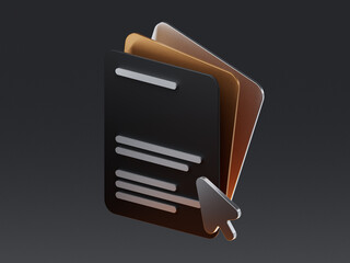 3D illustration of layered documents with a cursor pointer, representing online forms, digital files, or document interaction.
