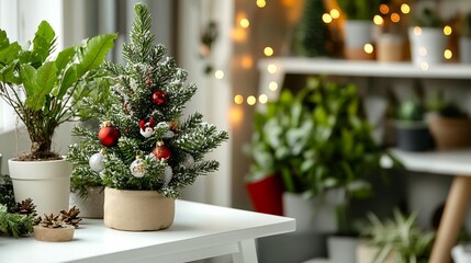 Fototapeta premium Small Christmas tree decorated with ornaments in a room with plants and lights