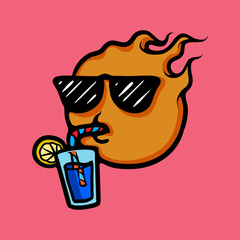 Sun character drinking cartoon vector illustration