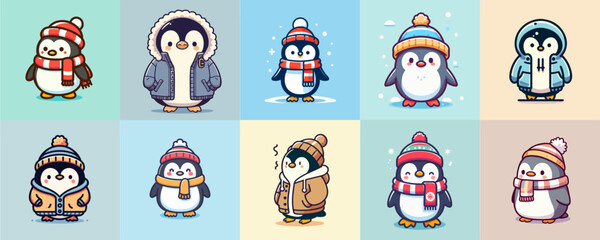 Obraz premium cartoon illustration set of cute penguin