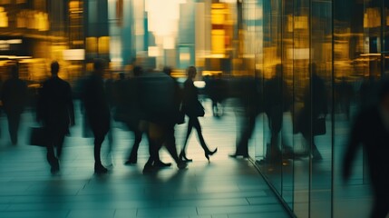 Busy Urban Street with Silhouetted People and Reflections at Dusk