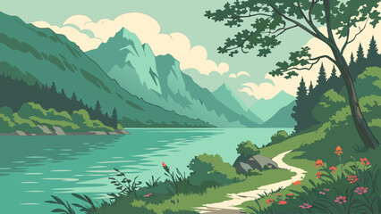 beautiful view of Crystalline Turquoise Lake China vector illustration
