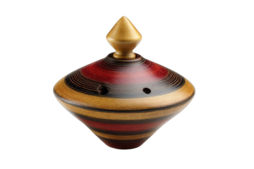 Wooden spinning top, red/gold/brown stripes