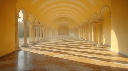 Architectural promenade vista long corridor tunnel with rhythmic colonnade rhythm in sunlit day majestic structure