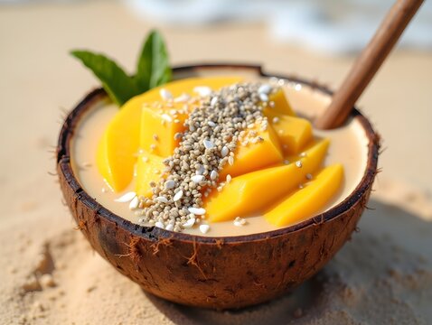 Delicious coconut bowl filled with tropical smoothie topped with mango, chia seeds, and coconut flakes on sandy beach setting