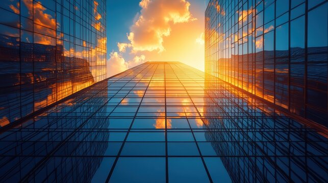 Modern Architecture Shines with Golden Sunset Reflection on Glass Facade of Tall Office Buildings
