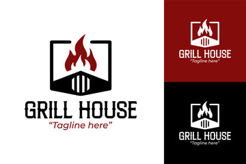 Creative Grill House Logo Design with Flames in Red and Black for Branding