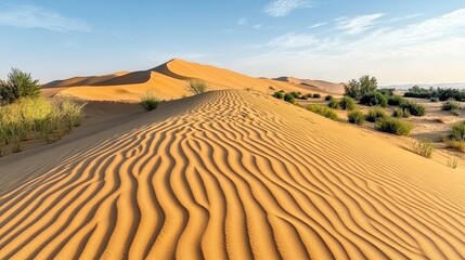 Naklejka premium Sunrise desert dune landscape with gentle, rippled sand dunes, sparse vegetation, and a clear sky