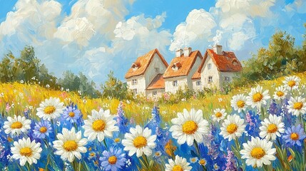 Sunny landscape with charming houses and a field of wildflowers