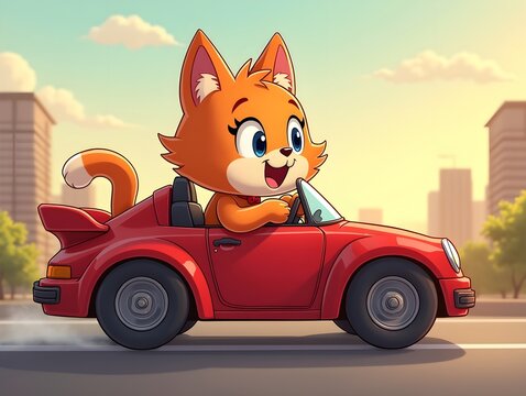 cartoon cat driving a red sports car