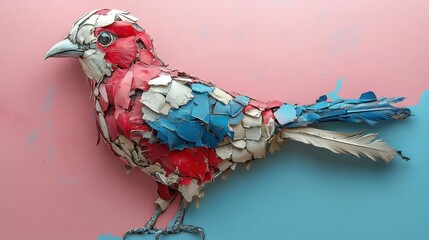 Abstract avian artwork of a fragmented bird with red white and blue mosaic plumage on dual tone background
