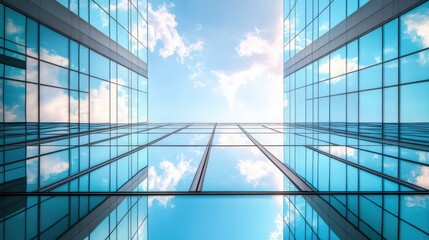 Obraz premium Modern Business Building with Reflective Glass Facade and Sky