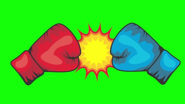 Animation of red and blue boxing gloves punching each other with a dynamic burst in the center. Suitable for sports battles, boxing promotions, or versus animations.