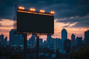 Obraz premium Empty Black Billboard Against a Vibrant Cityscape Background
