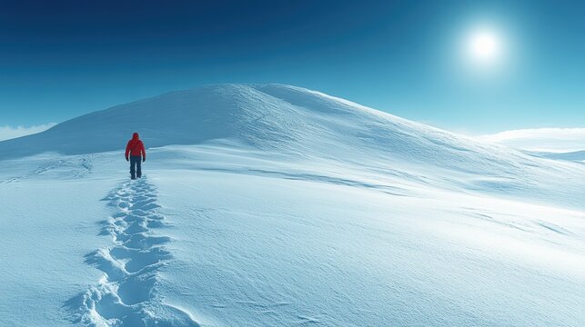 Solitary Trekker Navigating the Pristine White Expanse of Snowy Hills under the Radiant Winter Sun