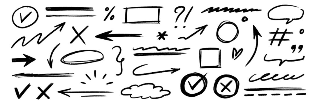 Hand drawn line chalk brush stroke arrow icon set. Chalk crayon underline, check mark, scribble and texture in rough hand sketch style. Drawn heart, frame, star design shapes. Vector illustration