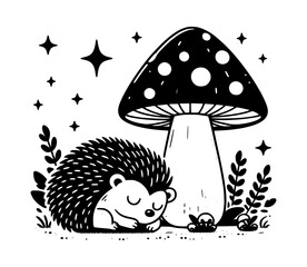 Fototapeta premium Cute hedgehog sleeping under a mushroom