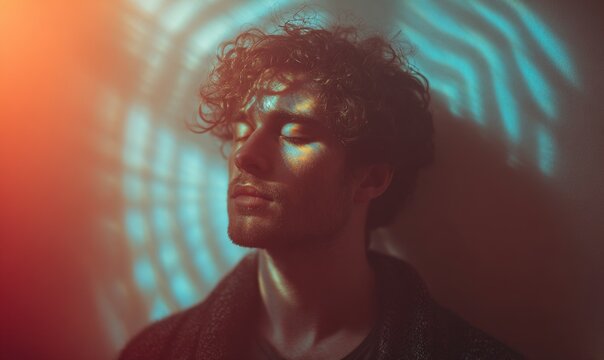 A concept of calming rhythms and emotional balance, close up view of young man on abstract background. High quality