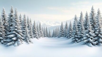 Tranquil winter wonderland snow covered fir trees leading towards majestic mountain range scenic landscape