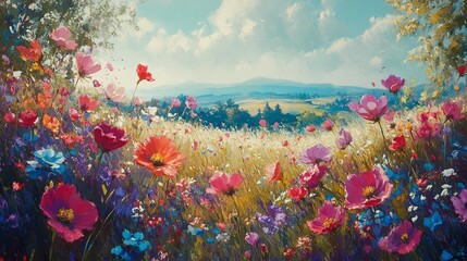 Vibrant field of wildflowers, a picturesque landscape with a mix of colors and textures, under a bright sky, showcasing a serene summer day