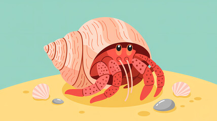 Flat Design Illustration of a Vibrant Hermit Crab on Pale Yellow Sand with Decorative Shell and Minimalist Background