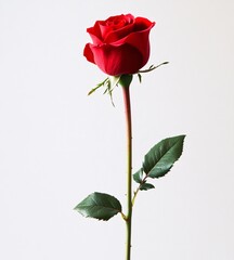 Red Rose with Long Stem on White Background: Perfect for Romance, Love, and Valentine's Day.