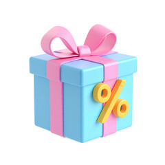 Obraz premium A blue gift box with a pink ribbon and a yellow percent symbol attached to the front