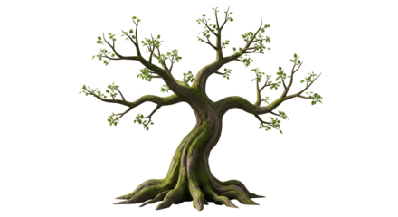 Pixelated Illustration of a Mature Tree with Green Foliage and Textured Bark in Isolated Transparent Background
