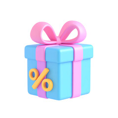Obraz premium A blue and pink gift box with a ribbon and a yellow percent symbol signifying a discount or special offer