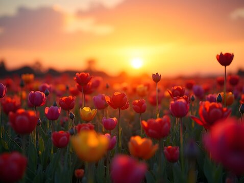 A vibrant field of colorful flowers at sunset.