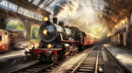 Obraz premium Vintage Steam Train Arriving at Historic Railway Station Interior