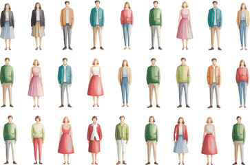 Flat illustration of diverse people standing, fashion outfits, modern clothing style, male and female characters, casual look, group design