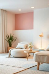 A blurred interior view showcasing a creamcolored chair ottoman and a round side table with a vase set against a pink and white wall