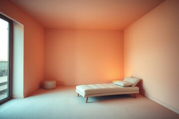 A peachcolored room featuring a daybed near a window offering serene and minimalistic ambiance